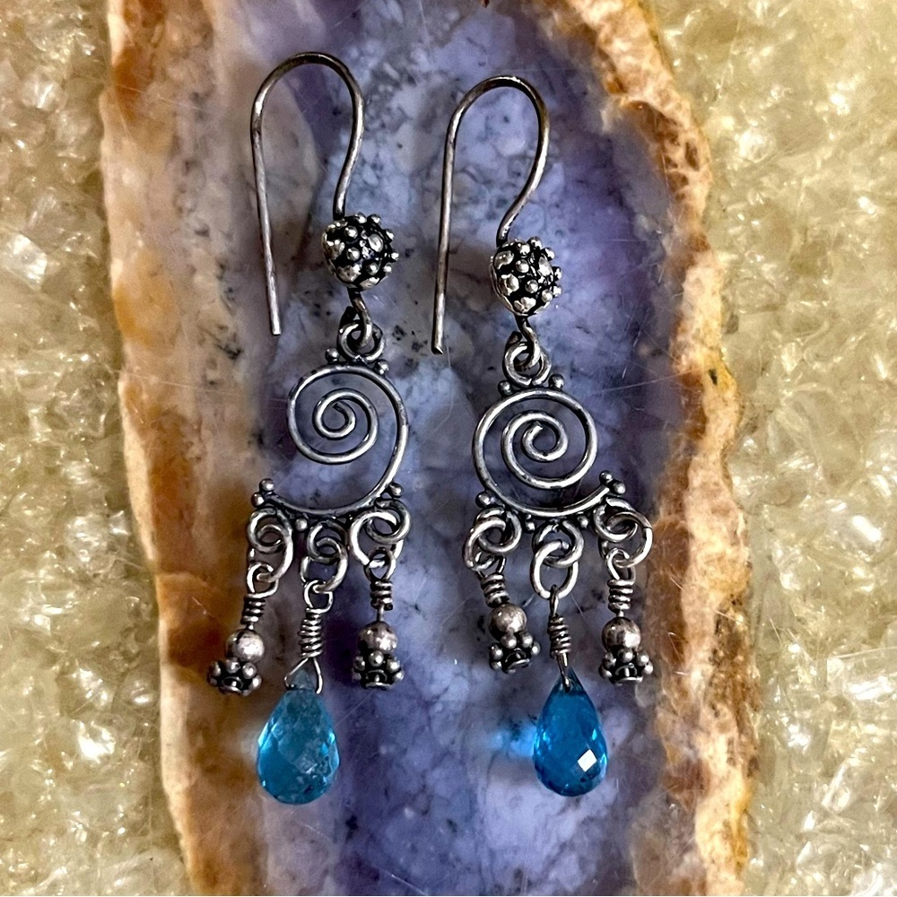 Sterling Silver Wire Wrapped Handmade Blue Crystal Dangle Boho Earrings